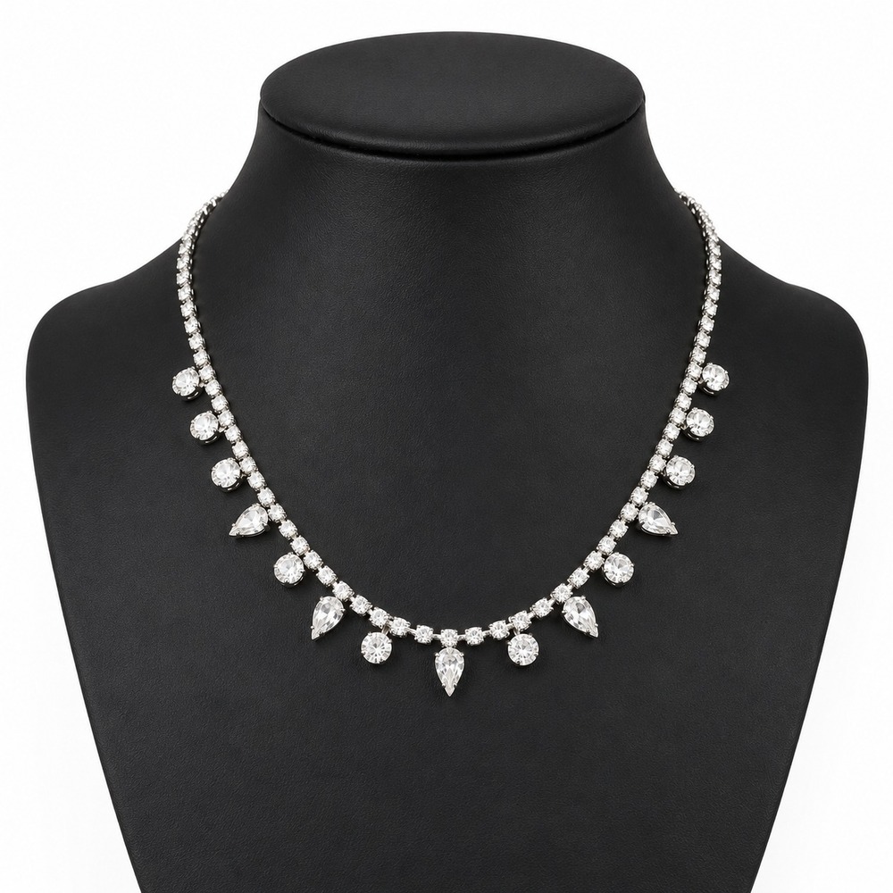 VTG Rhinestone Fringe Necklace Silver Tone Dangle Bridal Prom Dangle Navette